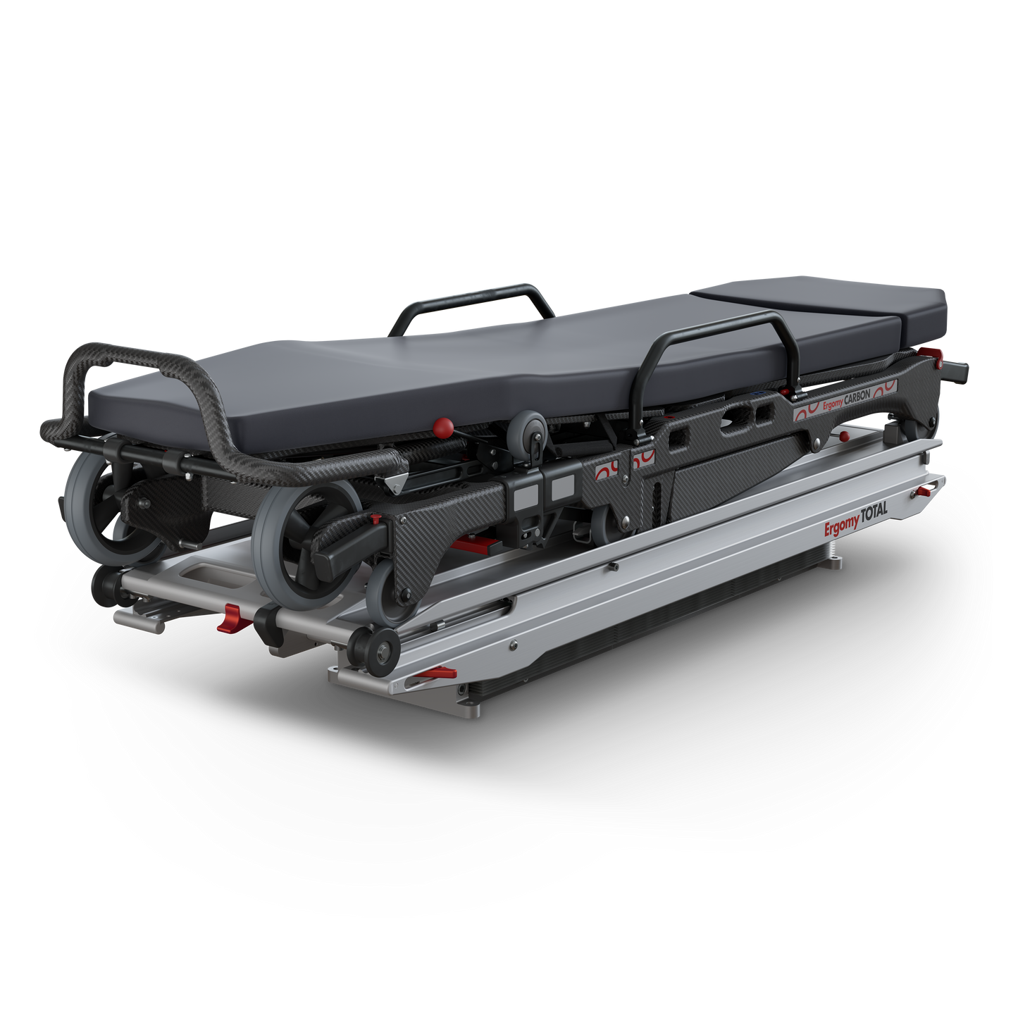 Ergomy Total electrically assisted stretcher loading system loaded with Ergomy Carbon patient stretcher