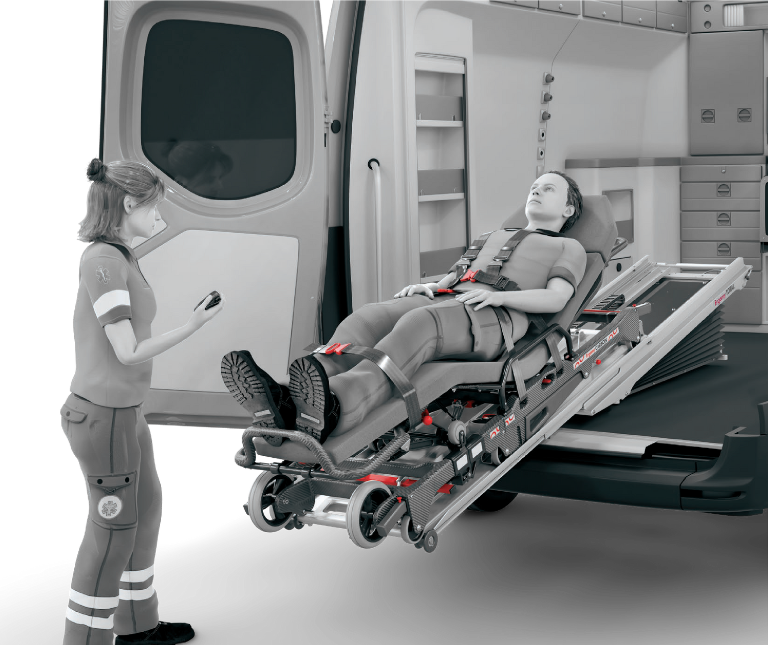 Stretcher patient being loaded into an ambulance using Ergomy Carbon Stretcher and Ergomy Total stretcher loading system