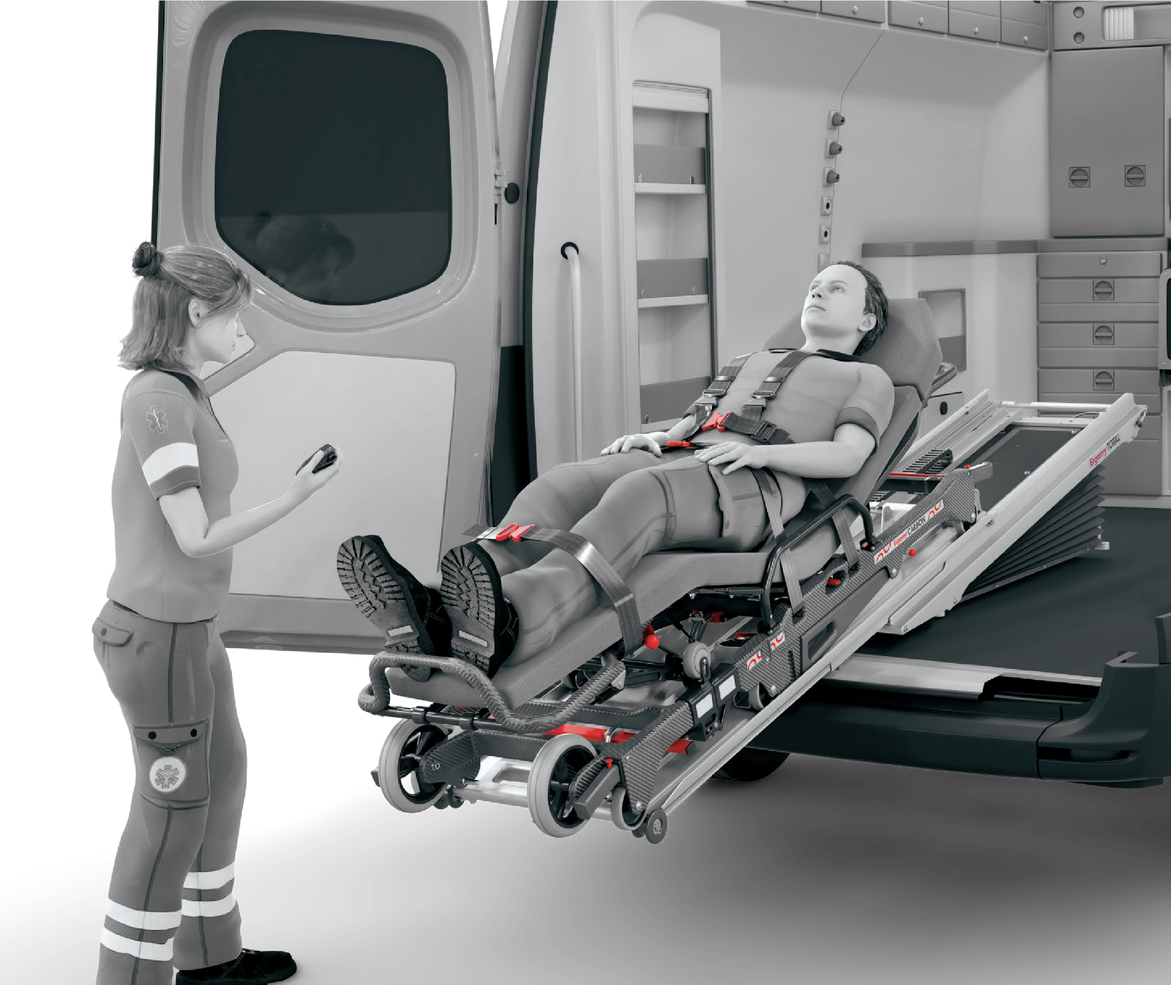 Stretcher patient being loaded into an ambulance using Ergomy Carbon Stretcher and Ergomy Total stretcher loading system