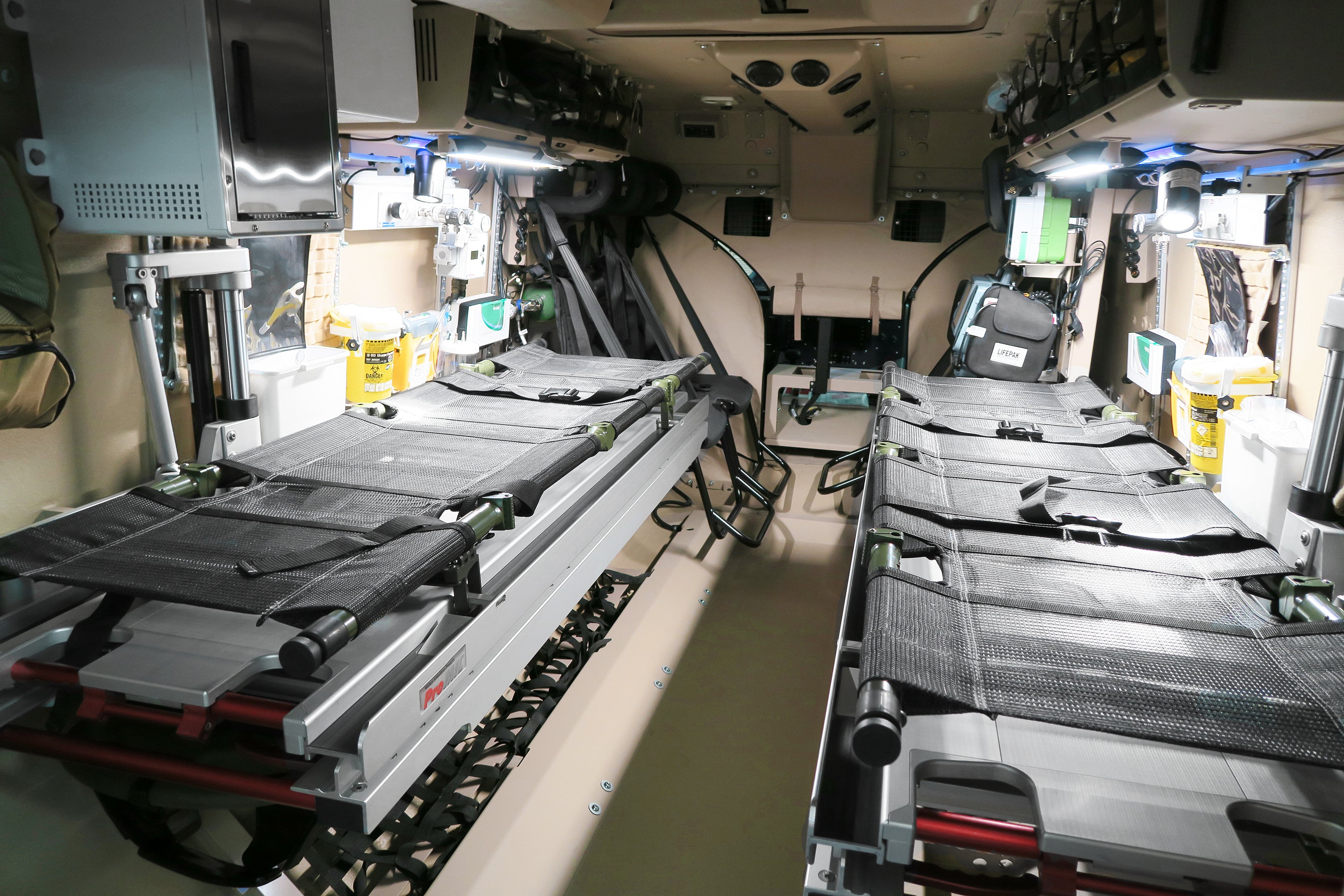 Inside a military ambulance using ProMIL 245 stretcher loading systems